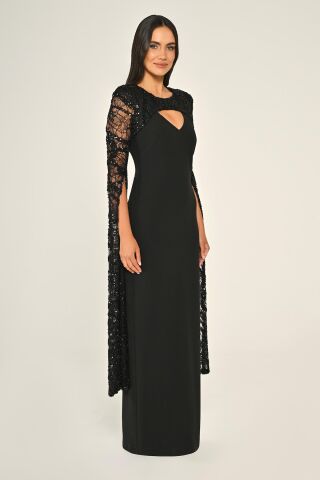 Boncuklu Payet Şal Kol Krep Uzun Elbise Siyah - 40