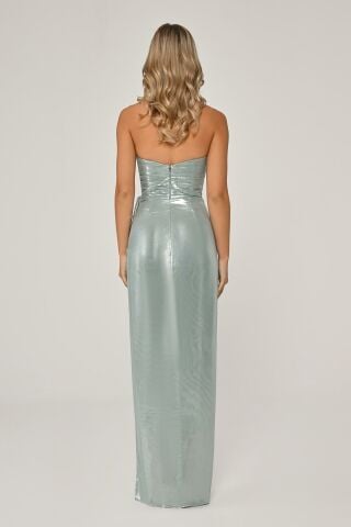 Trägerloses Plissee-Oberteil mit Schlitz vorne, glänzendes Chiffon-Langes Kleid, Mint – 36