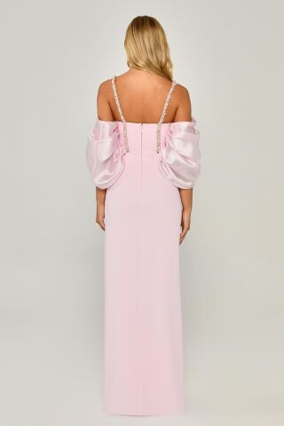 Askılı Düşük Balon Kol Yırtmaçlı Uzun Elbise Pembe - 42