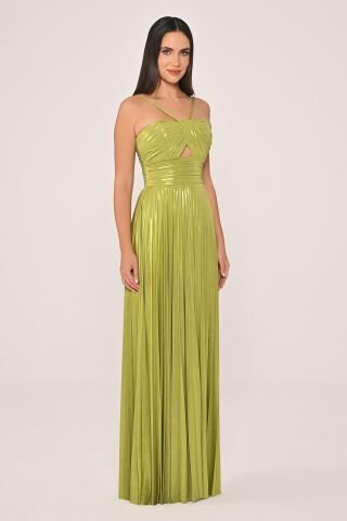 İp Askılı Önden Yırtmaçlı Parlak Şifon Uzun Elbise ELMA YEŞİLİ - 36