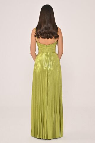 İp Askılı Önden Yırtmaçlı Parlak Şifon Uzun Elbise ELMA YEŞİLİ - 36
