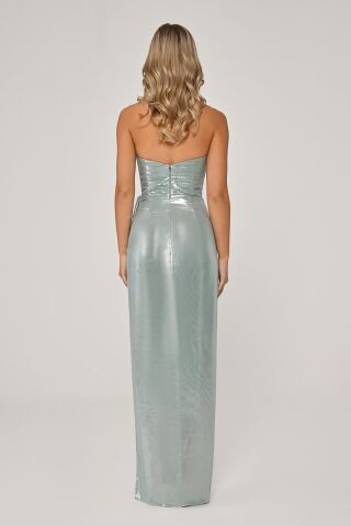 Trägerloses Plissee-Oberteil mit Schlitz vorne, glänzendes Chiffon-Langes Kleid, Mint – 40