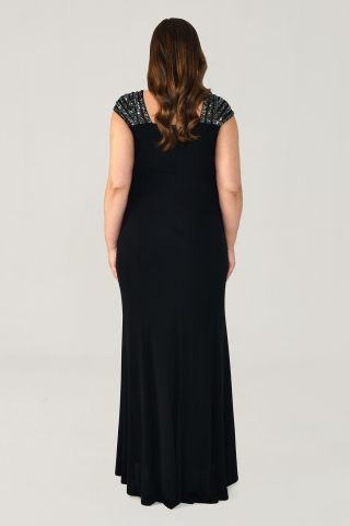 V Yaka Üst Payetli Uzun Elbise 44 - SİYAH / ANTRASİT