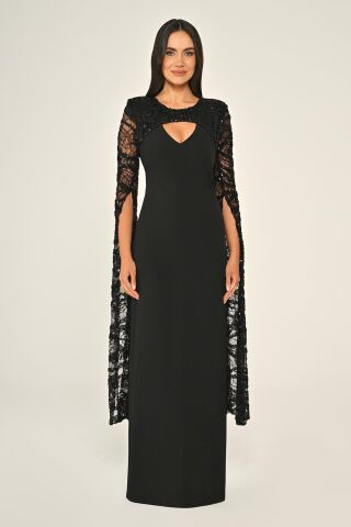 Boncuklu Payet Şal Kol Krep Uzun Elbise Siyah - 48