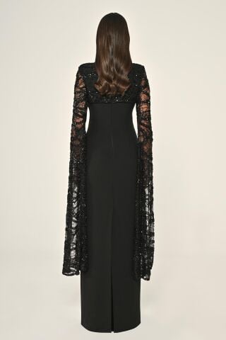 Boncuklu Payet Şal Kol Krep Uzun Elbise Siyah - 48