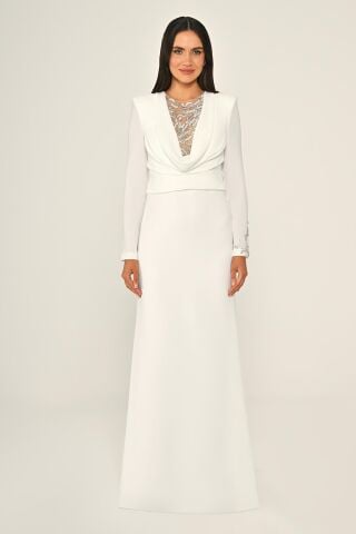 Payetli Göğüs Degaje Yaka Krep Uzun Elbise