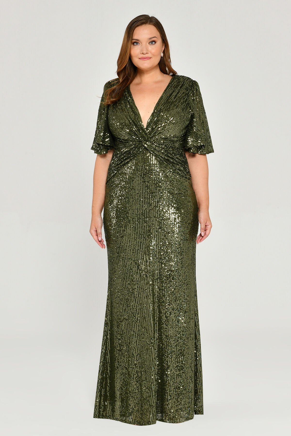 V Yaka Büzgülü Payet Kumaş Uzun Elbise