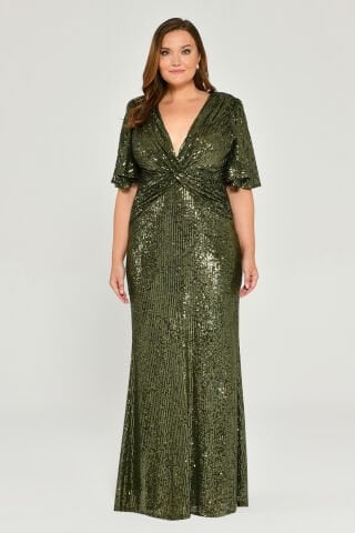 V Yaka Büzgülü Payet Kumaş Uzun Elbise