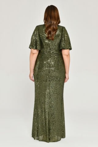 V Yaka Büzgülü Payet Kumaş Uzun Elbise