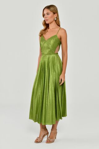 İp Askılı Pliseli Parlak Kumaş Midi Elbise FISTIK YEŞİLİ - 44
