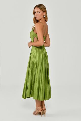 İp Askılı Pliseli Parlak Kumaş Midi Elbise FISTIK YEŞİLİ - 44