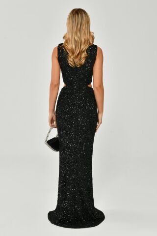 Langes Kleid mit dicken Trägern, V-Ausschnitt, Schlitz vorne und Pailletten, Schwarz - 44