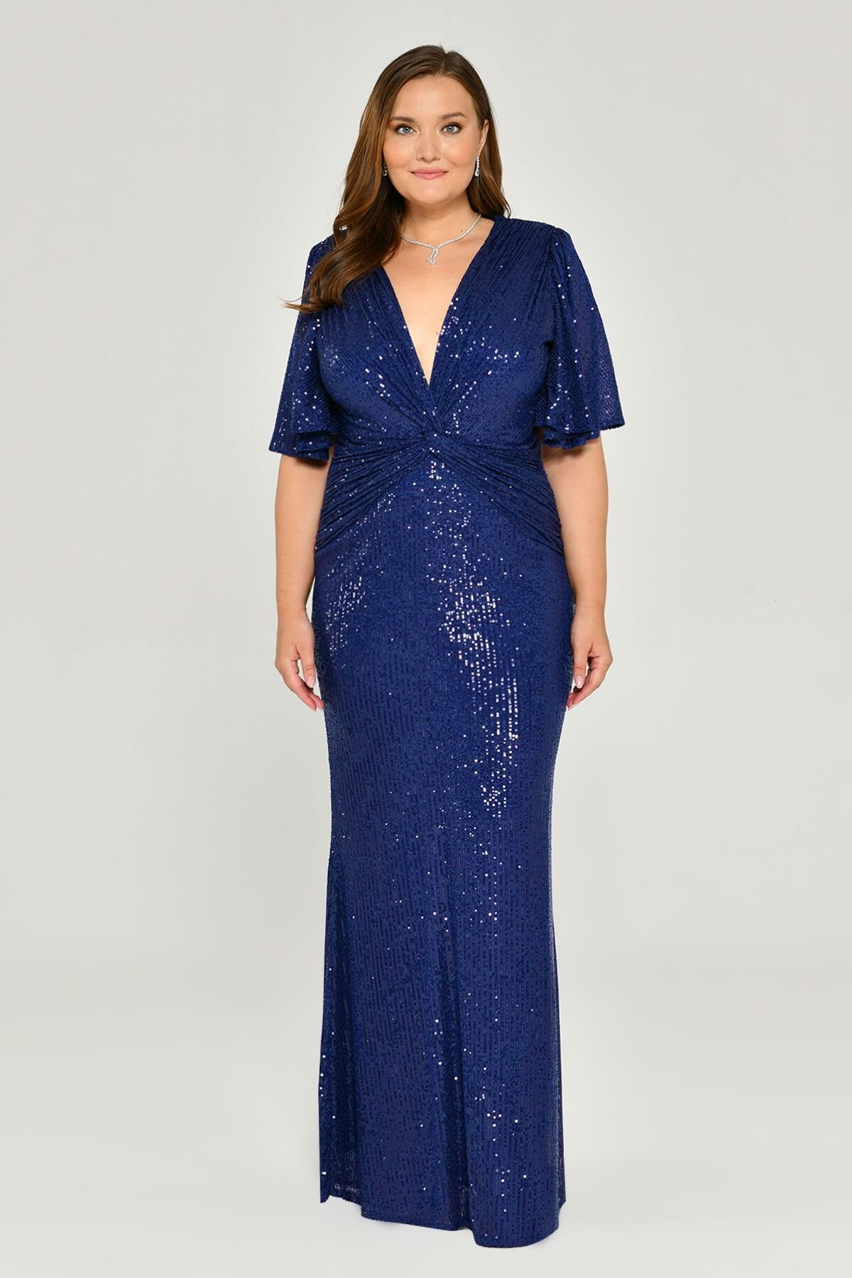 V-Neck Gathered Sequin Fabric Long Dress SAKS - 44