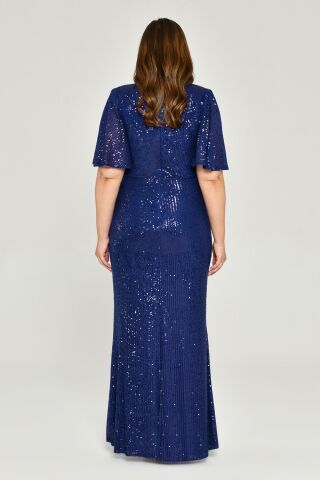 V-Neck Gathered Sequin Fabric Long Dress SAKS - 44