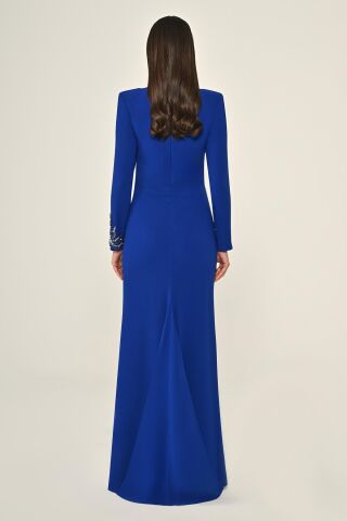 Payetli Göğüs Degaje Yaka Krep Uzun Elbise SAKS - 46