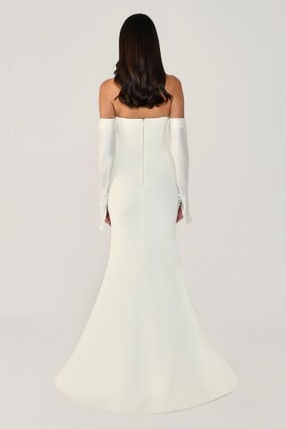 Straplez Kollu Balık Kesim Uzun Elbise Beyaz - 44
