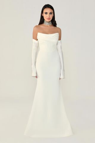 Straplez Kollu Balık Kesim Uzun Elbise Beyaz - 46