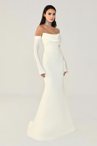 Straplez Kollu Balık Kesim Uzun Elbise Beyaz - 46