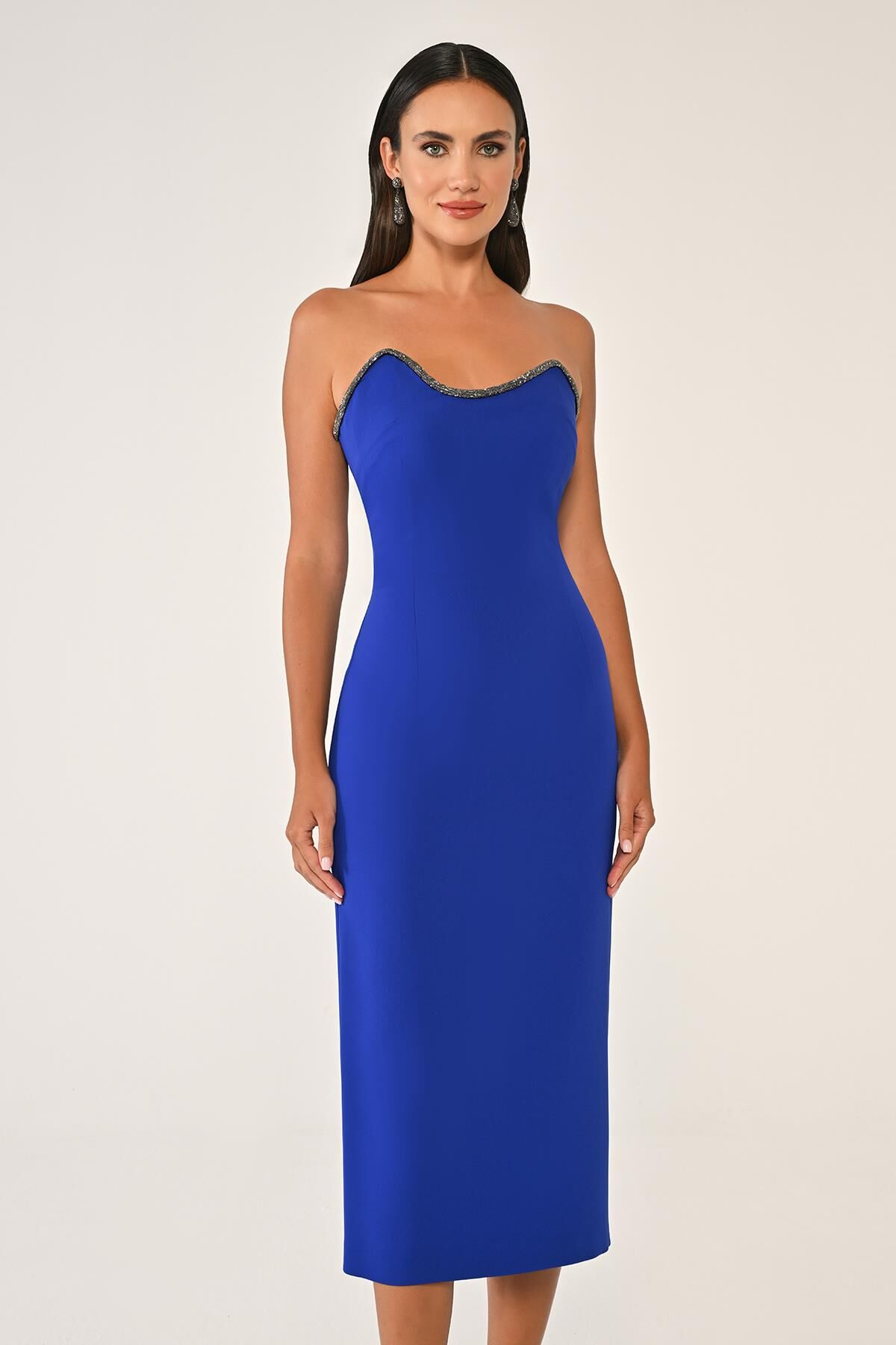 Straplez Şerit Aksesuarlı Krep Midi Elbise SAKS - 44