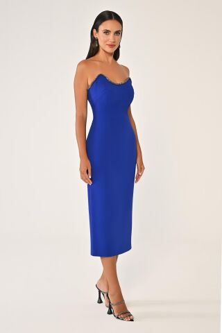 Straplez Şerit Aksesuarlı Krep Midi Elbise SAKS - 44