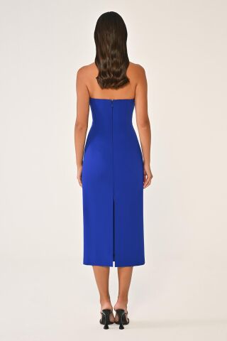 Straplez Şerit Aksesuarlı Krep Midi Elbise SAKS - 44