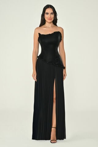 Straplez Üstü Lateks Eteği Şifon Uzun Elbise