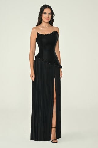 Straplez Üstü Lateks Eteği Şifon Uzun Elbise