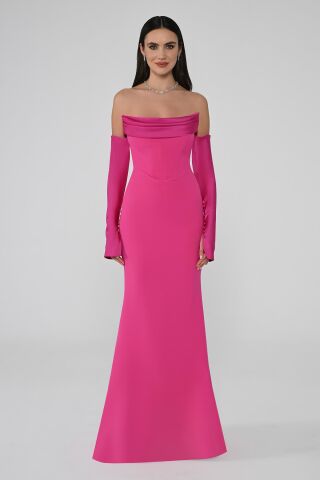 Straplez Kollu Balık Kesim Uzun Elbise Fuşya - 36