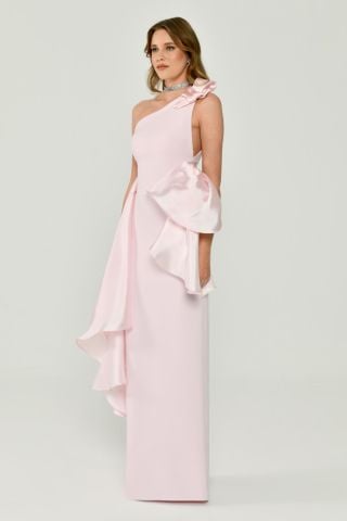 One-Shoulder Volant Glänzender Stoff Accessoire Langes Kleid PINK / PINK - 44
