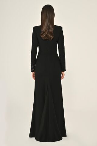 Payetli Göğüs Degaje Yaka Krep Uzun Elbise Siyah - 46
