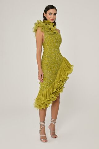 One Shoulder Floral Accessory Asymmetrical Cut Chiffon Midi Dress APPLE GREEN - 40