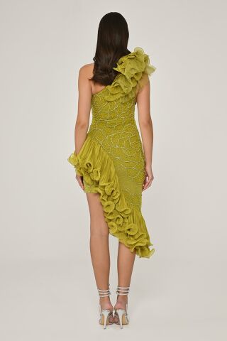 One Shoulder Floral Accessory Asymmetrical Cut Chiffon Midi Dress APPLE GREEN - 40