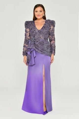 PADDED LONG SLEEVE LONG DRESS WITH SPLIT
