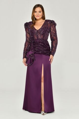 PADDED LONG SLEEVE LONG DRESS WITH SPLIT
