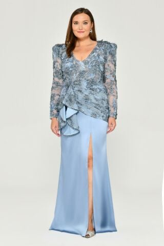 PADDED LONG SLEEVE LONG DRESS WITH SPLIT