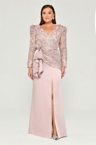 PADDED LONG SLEEVE LONG DRESS WITH SPLIT