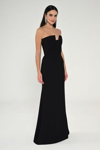 Straplez Üst Büzgülü Krep Uzun Elbise Siyah - 44