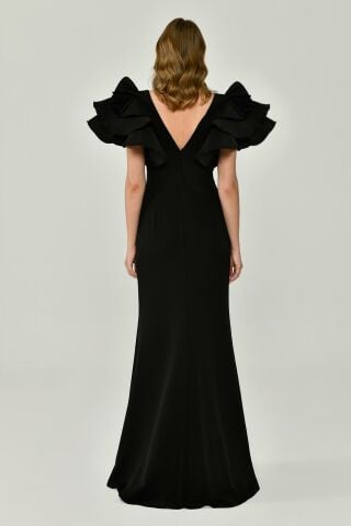 Volanlı Omuz V Yaka Krep Uzun Elbise Siyah - 38