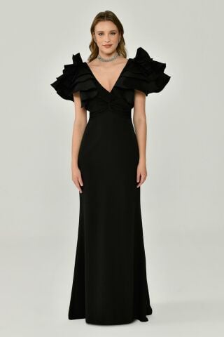 Volanlı Omuz V Yaka Krep Uzun Elbise Siyah - 38
