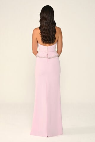 Halter Yaka Üst Taşlı Yırtmaçlı Krep Uzun Elbise Pembe - 36