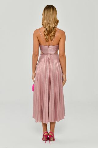 İp Askılı Pliseli Parlak Kumaş Midi Elbise Pembe - 40