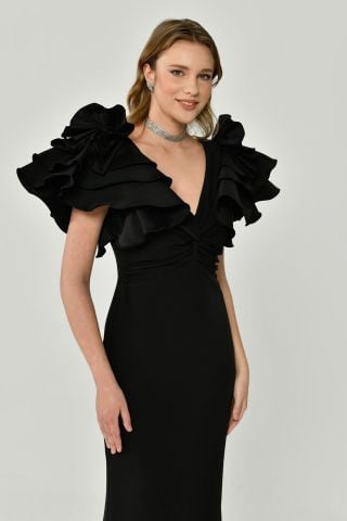 Volanlı Omuz V Yaka Krep Uzun Elbise Siyah - 40