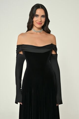 Saten Uzun Kollu Yakası Saten Kadife Uzun Elbise