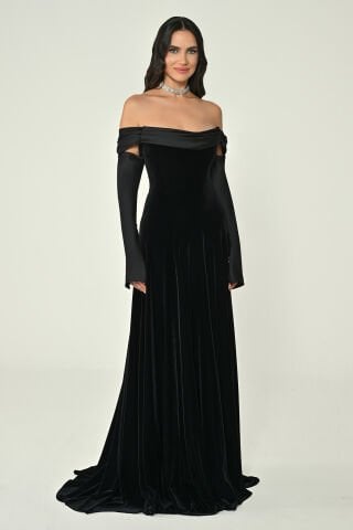 Saten Uzun Kollu Yakası Saten Kadife Uzun Elbise