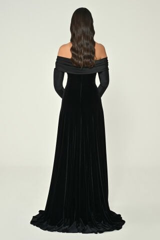 Saten Uzun Kollu Yakası Saten Kadife Uzun Elbise