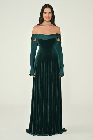 Saten Uzun Kollu Yakası Saten Kadife Uzun Elbise