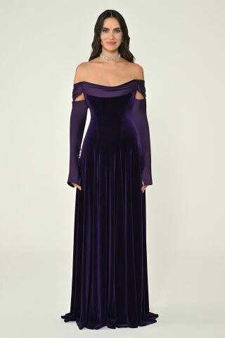 Saten Uzun Kollu Yakası Saten Kadife Uzun Elbise