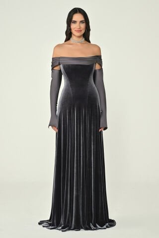 Saten Uzun Kollu Yakası Saten Kadife Uzun Elbise