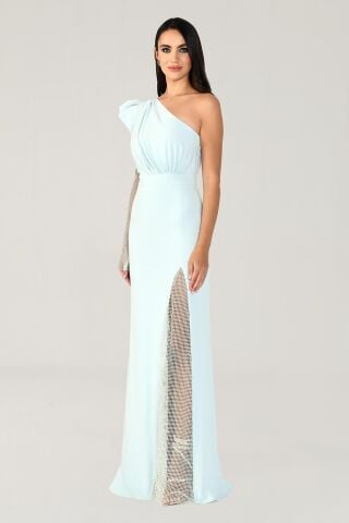 Tek Transparan Kol Yırtmaçlı Uzun Elbise AÇIK MAVİ - 46