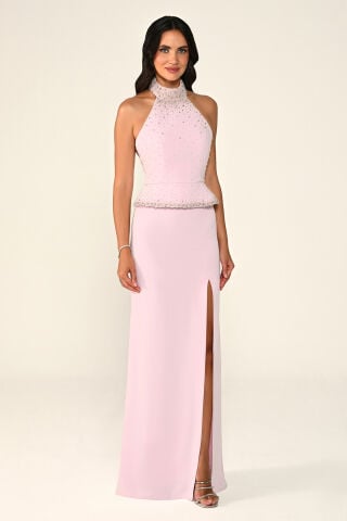 Halter Yaka Üst Taşlı Yırtmaçlı Krep Uzun Elbise Pembe - 40